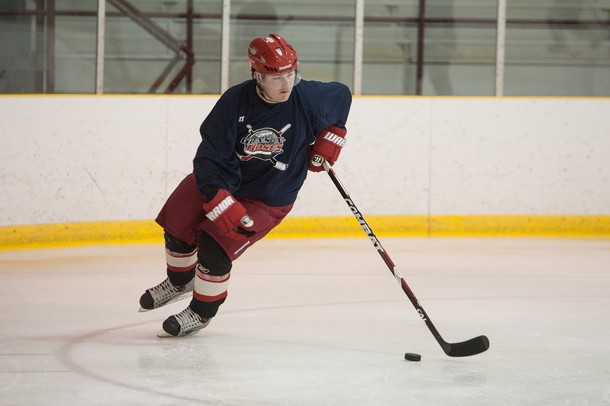 Lincoln Park police officer Sean Nicklas skates the puck down the ice during the Washtenaw County police and firefighter's Guns-n-Hoses charity hockey game, Sunday, Jan. 13.
Courtney Sacco I AnnArbor.com 